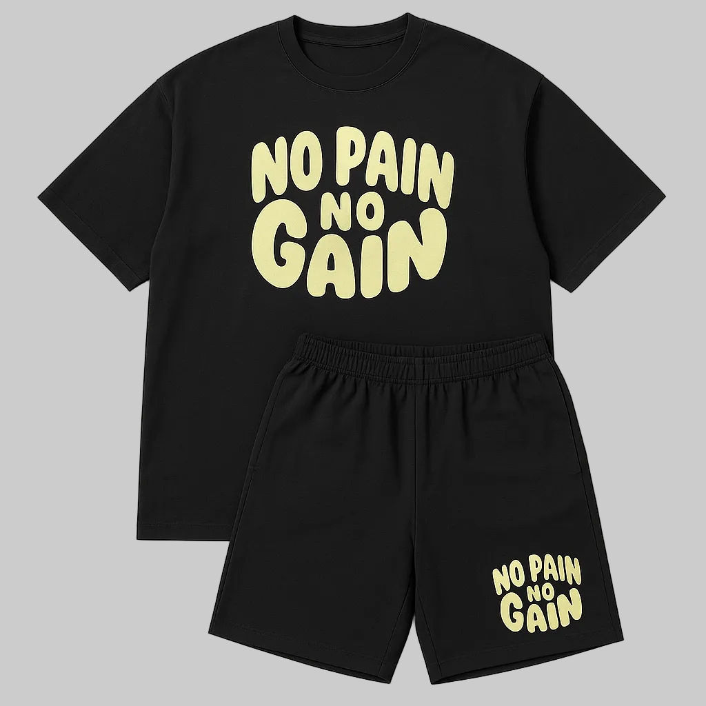 No Pain No Gain plus-size shorts set for men with a relaxed fit, breathable fabric, and matching top and shorts designed for comfort, movement, and everyday wear