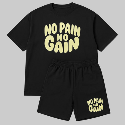 No Pain No Gain plus-size shorts set for men with a relaxed fit, breathable fabric, and matching top and shorts designed for comfort, movement, and everyday wear