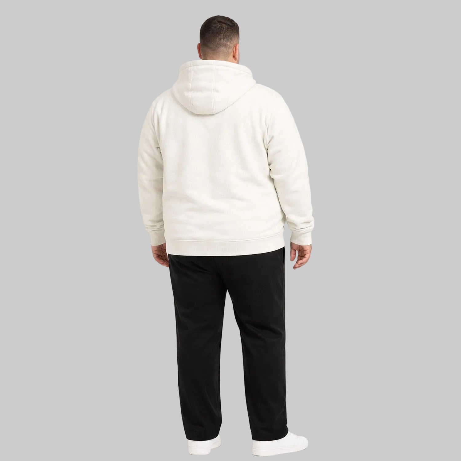 Oat milk classic full-zip fleece hoodie worn by plus-size male model, front view