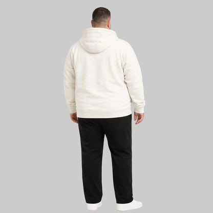 Oat milk classic full-zip fleece hoodie worn by plus-size male model, front view