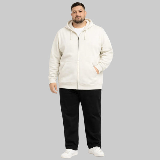 Oat milk classic full-zip fleece hoodie worn by plus-size male model, front view