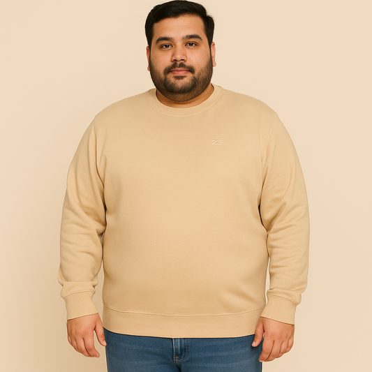 Close-up of fleece texture and ribbed crew neckline in oat tan sweatshirt