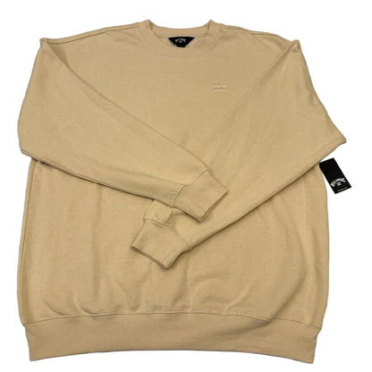 Close-up of fleece texture and ribbed crew neckline in oat tan sweatshirt