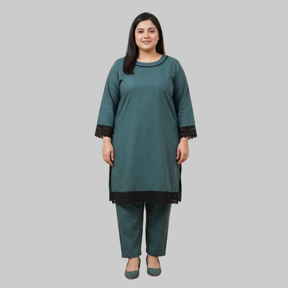 Ocean Teal cotton lawn lace trim co-ord set for women with elegant two-piece summer outfit