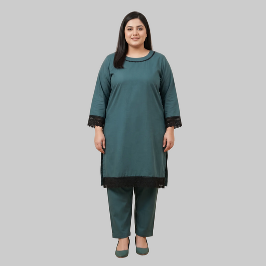 Ocean Teal cotton lawn lace trim co-ord set for women with elegant two-piece summer outfit