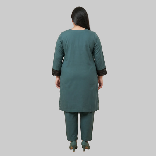Ocean Teal cotton lawn lace trim co-ord set for women with elegant two-piece summer outfit