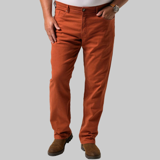 Ochre brown tapered fit jeans in cotton stretch fabric with normal rise, side and back pockets, and a clean everyday finish.
