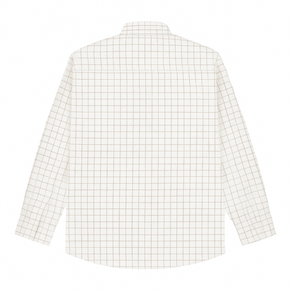 Plus-size Pakistani man wearing off-white formal shirt with black grid checks