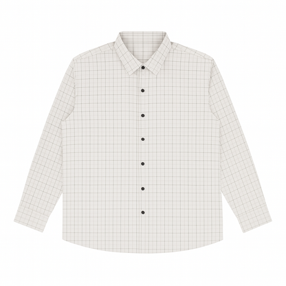 Plus-size Pakistani man wearing off-white formal shirt with black grid checks