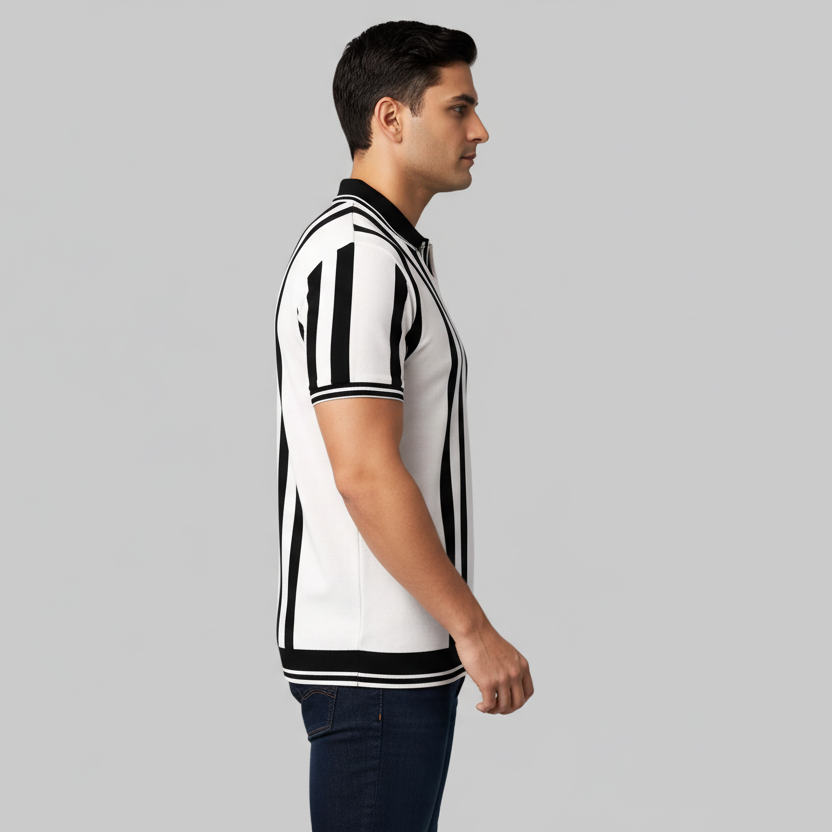 Off-White & Black Vertical Stripe Polo T-Shirt PSM-10668