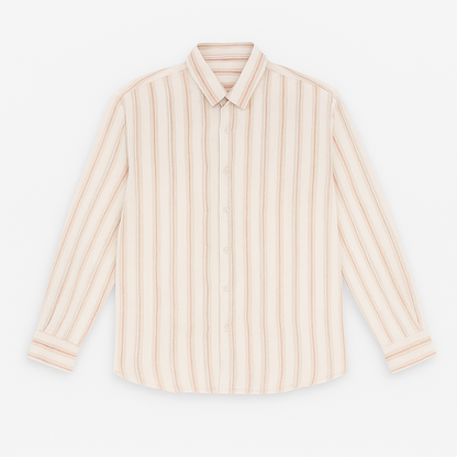 Off-white plus size linen blend shirt with rust and beige vertical stripes, long sleeves – flat lay on wooden background