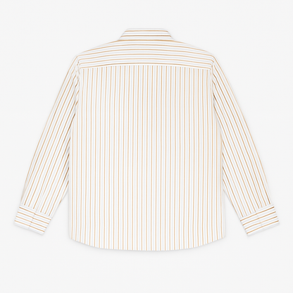Off-white plus size button-down shirt with beige and rust pinstripes, long sleeves – laid flat on wooden background