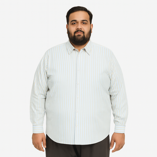 Plus-size Pakistani man wearing off-white formal shirt with sky blue and beige vertical stripes