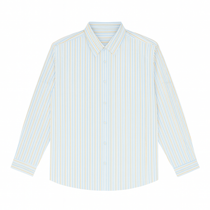 Plus-size Pakistani man wearing off-white formal shirt with sky blue and beige vertical stripes