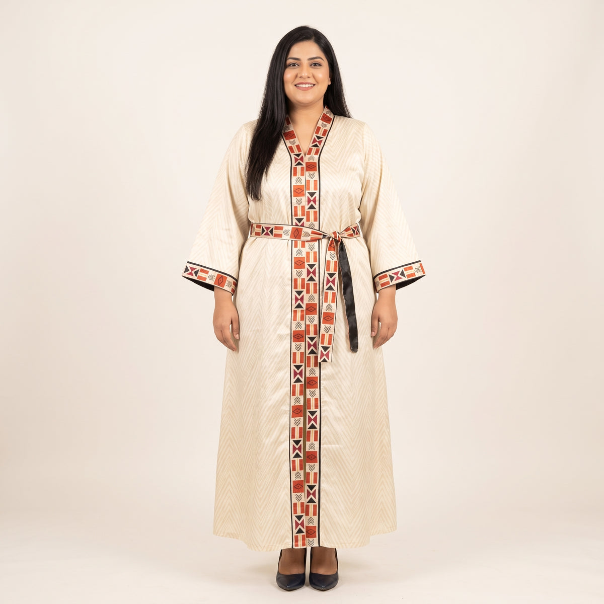 Off-White Trim Belted Silk Maxi Kaftan for Women 