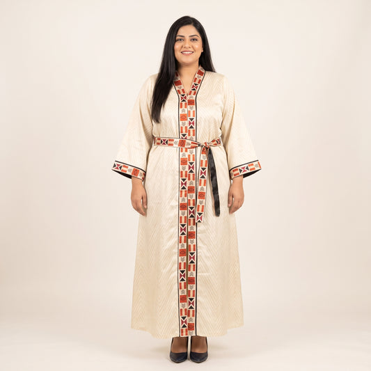 Off-White Trim Belted Silk Maxi Kaftan for Women 