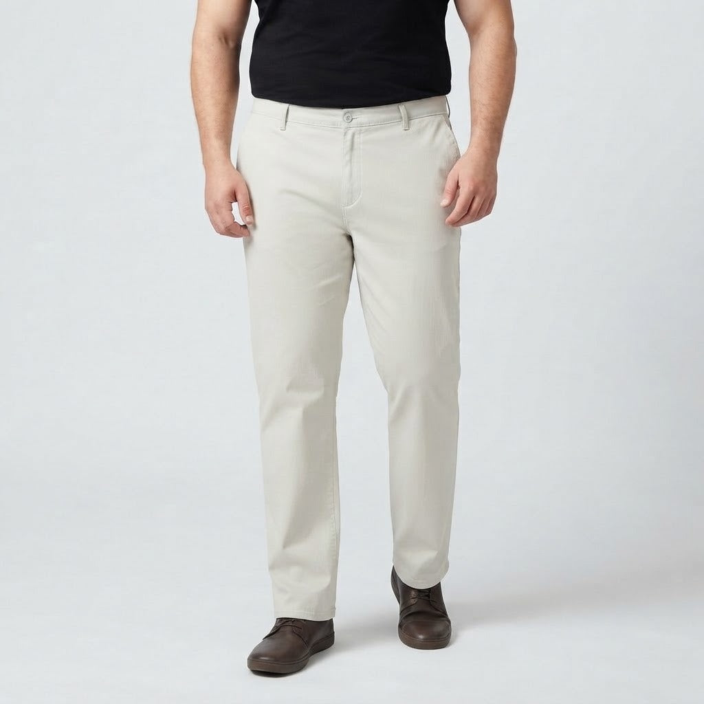 Off White Cotton Chino Pants made from cotton fabric with a classic, versatile design.