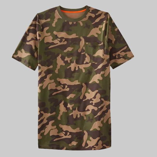 Olive camo short sleeve heavyweight crewneck tee with pocket for big and tall men.
