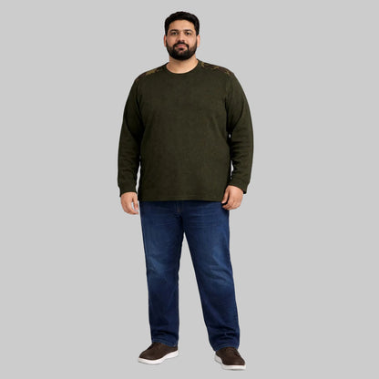 Olive green waffle-knit thermal shirt with camo shoulder panels worn by a plus-size model