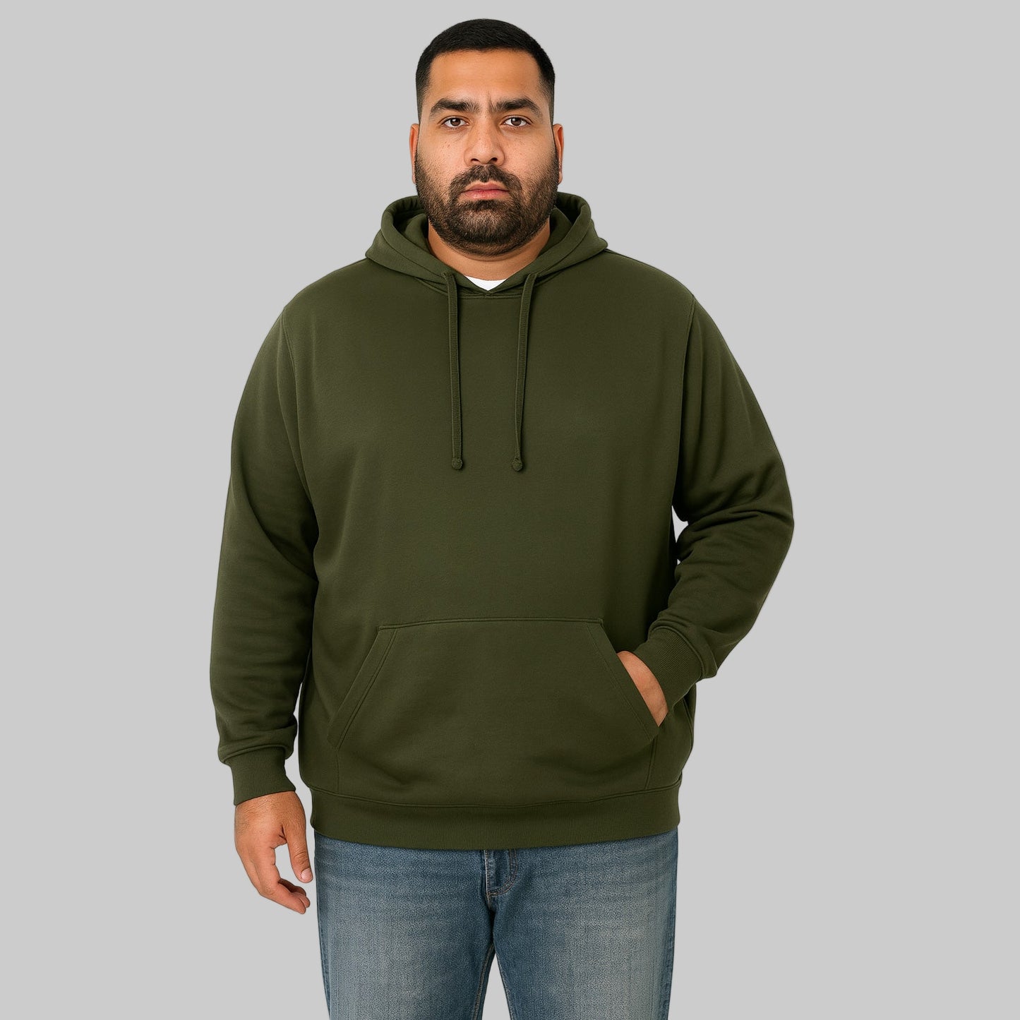 Plus-size male model wearing an olive green fleece pullover hoodie with drawstring hood and kangaroo pocket, front view, studio background.