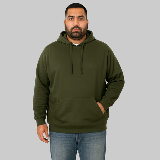 Plus-size male model wearing an olive green fleece pullover hoodie with drawstring hood and kangaroo pocket, front view, studio background.