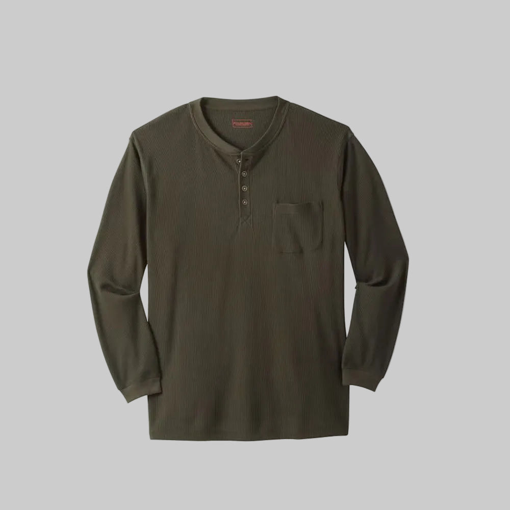 Olive green big and tall thermal henley shirt with chest pocket and extra length