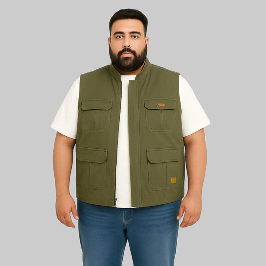 Men’s olive green twill cotton sleeveless jacket, lightweight layering vest, front studio view
