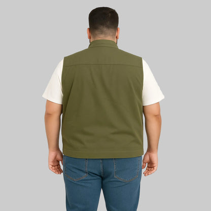 Men’s olive green twill cotton sleeveless jacket, lightweight layering vest, front studio view
