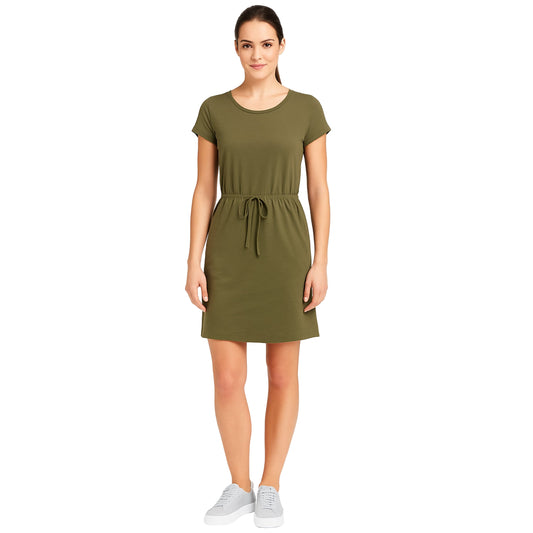 Women’s Olive Knit Drawstring Dress with short sleeves, adjustable waist, curved hem, and cotton slub jersey fabric, hitting just above the knee.