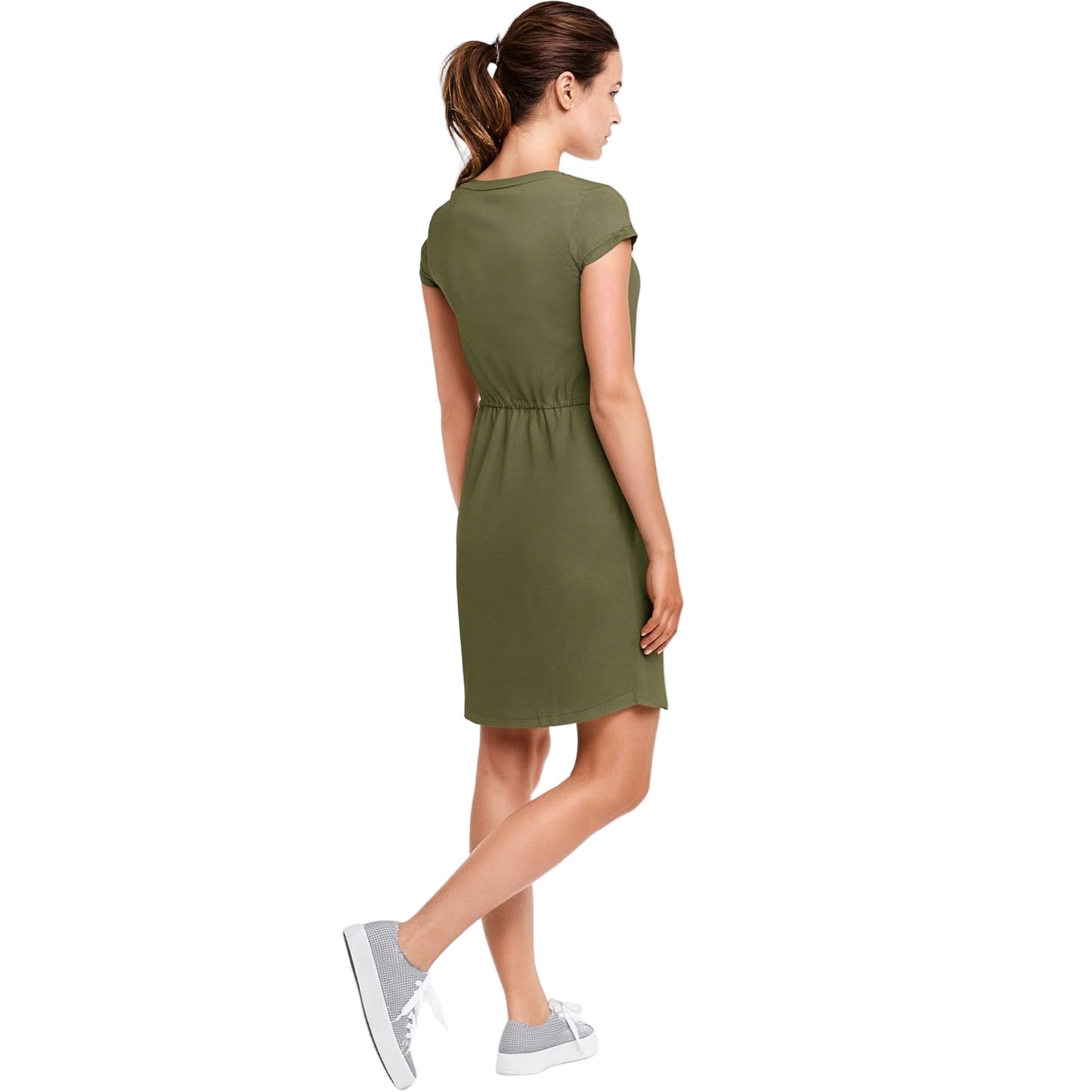 Women’s Olive Knit Drawstring Dress with short sleeves, adjustable waist, curved hem, and cotton slub jersey fabric, hitting just above the knee.