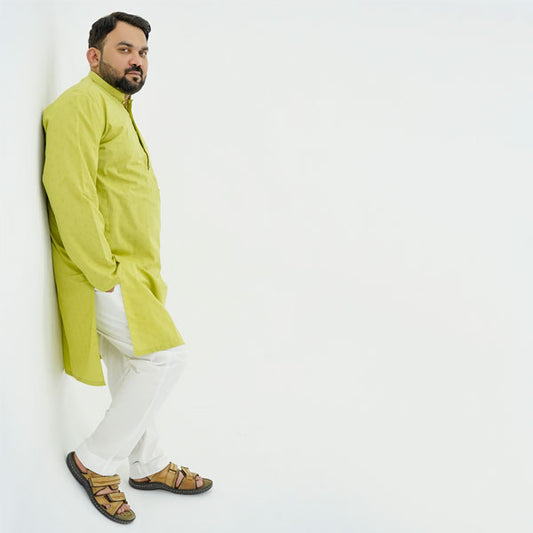 Lime Green Textured Cotton Plus Size Kurta Pajama PSM-9056