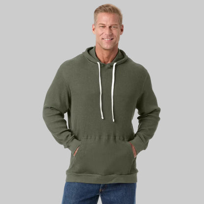 Olive waffle-knit big and tall thermal hoodie with drawstring hood and kangaroo pocket, front view