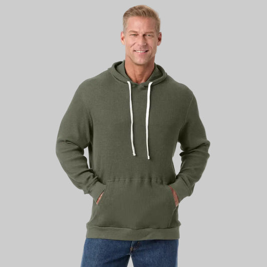 Olive waffle-knit big and tall thermal hoodie with drawstring hood and kangaroo pocket, front view
