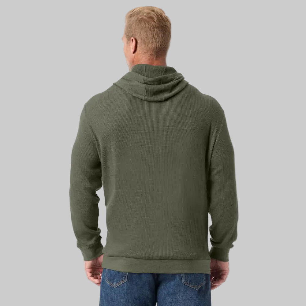 Olive waffle-knit big and tall thermal hoodie with drawstring hood and kangaroo pocket, front view