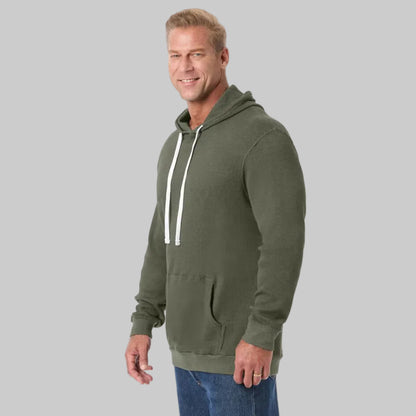 Olive waffle-knit big and tall thermal hoodie with drawstring hood and kangaroo pocket, front view
