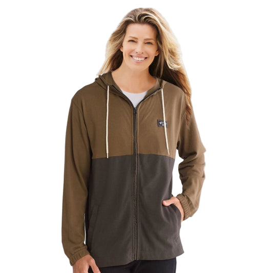 Close-up of zip front, drawstrings, and slash pocket detail