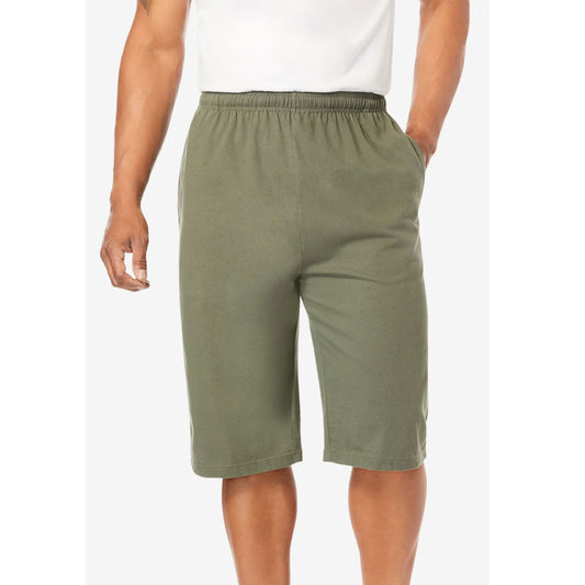 Olive green long jersey shorts with elastic waistband, drawstring, side pockets, and relaxed fit for big and tall men.