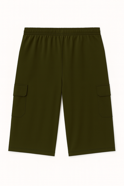 Flat lay of olive Dri-Fit cargo shorts with PRADA logo and side flap pockets

