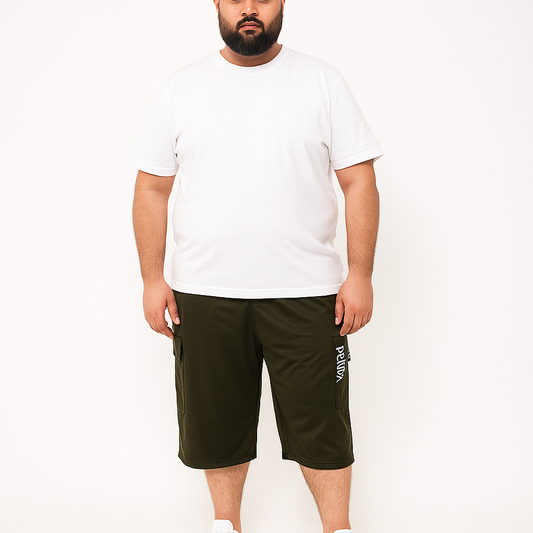 Flat lay of olive Dri-Fit cargo shorts with PRADA logo and side flap pockets

