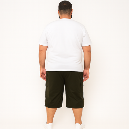 Flat lay of olive Dri-Fit cargo shorts with PRADA logo and side flap pockets

