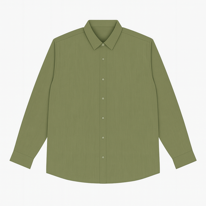 Flat-lay of olive green solid casual shirt with long sleeves and classic collar