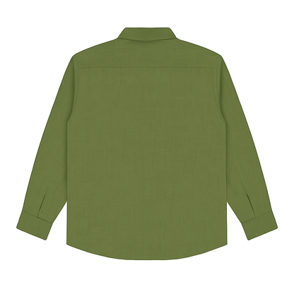 Flat-lay of olive green solid casual shirt with long sleeves and classic collar