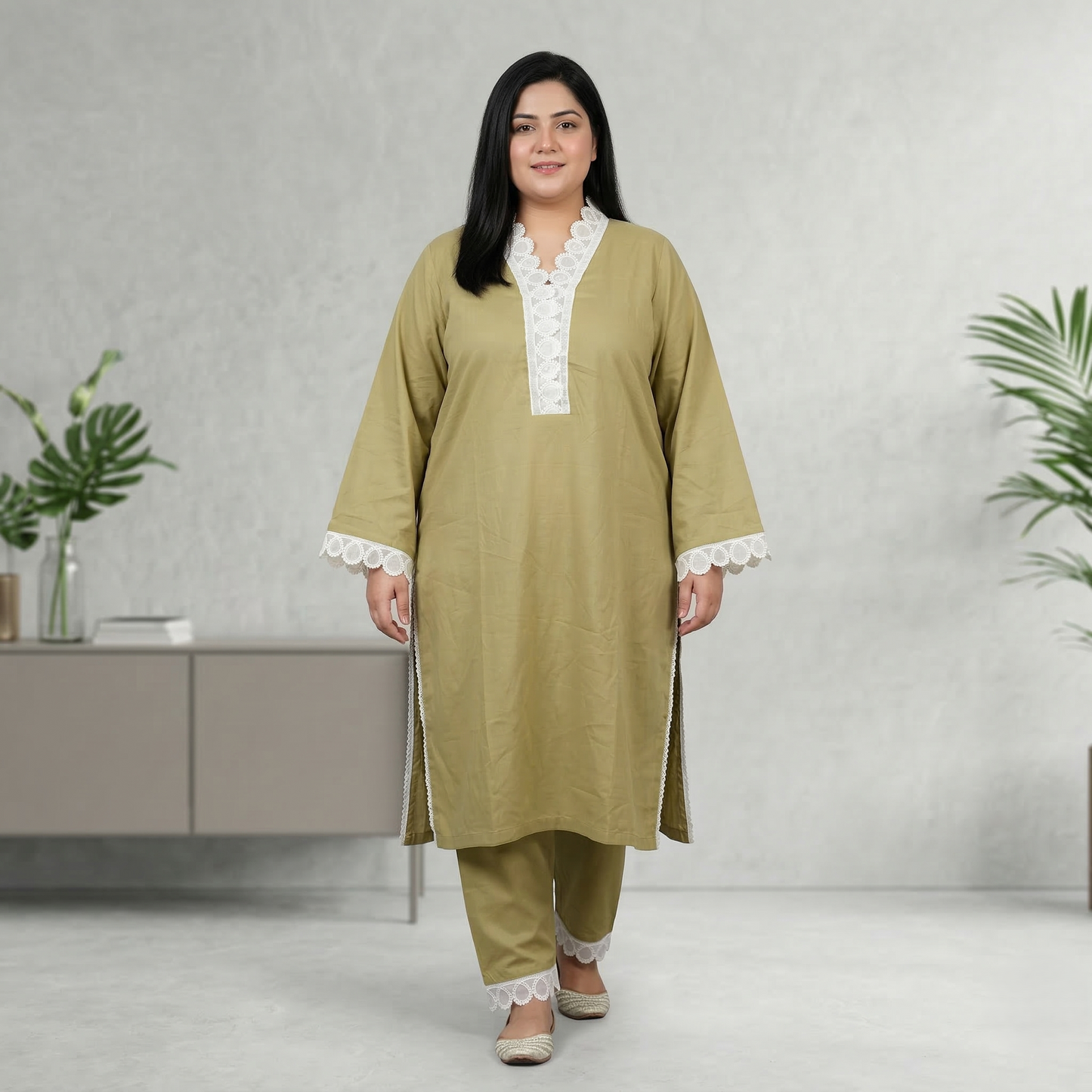 Olive Grace Plus Size Lace Trim Co-Ord Set – Olive Green Cotton Kurta & Trouser for Women XL–5XL | PlusSize.pk Pakistan
