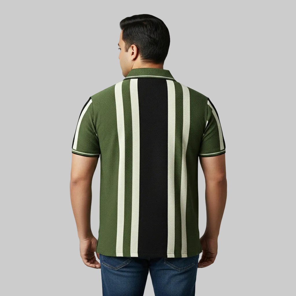 Olive green and black vertical stripe polo shirt worn by a male model, featuring a classic collar and short sleeves on a studio background