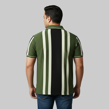 Olive green and black vertical stripe polo shirt worn by a male model, featuring a classic collar and short sleeves on a studio background