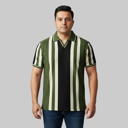 Olive green and black vertical stripe polo shirt worn by a male model, featuring a classic collar and short sleeves on a studio background