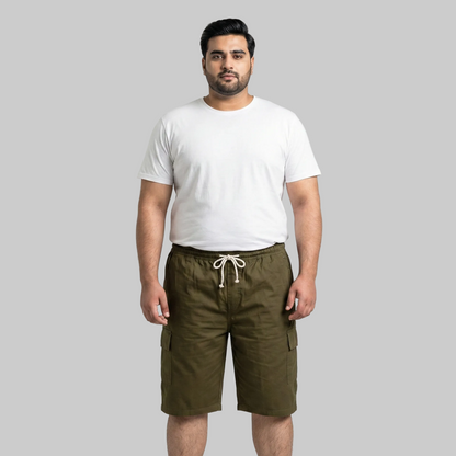 Olive green cotton elastic waist cargo shorts with drawstring and side pockets front view