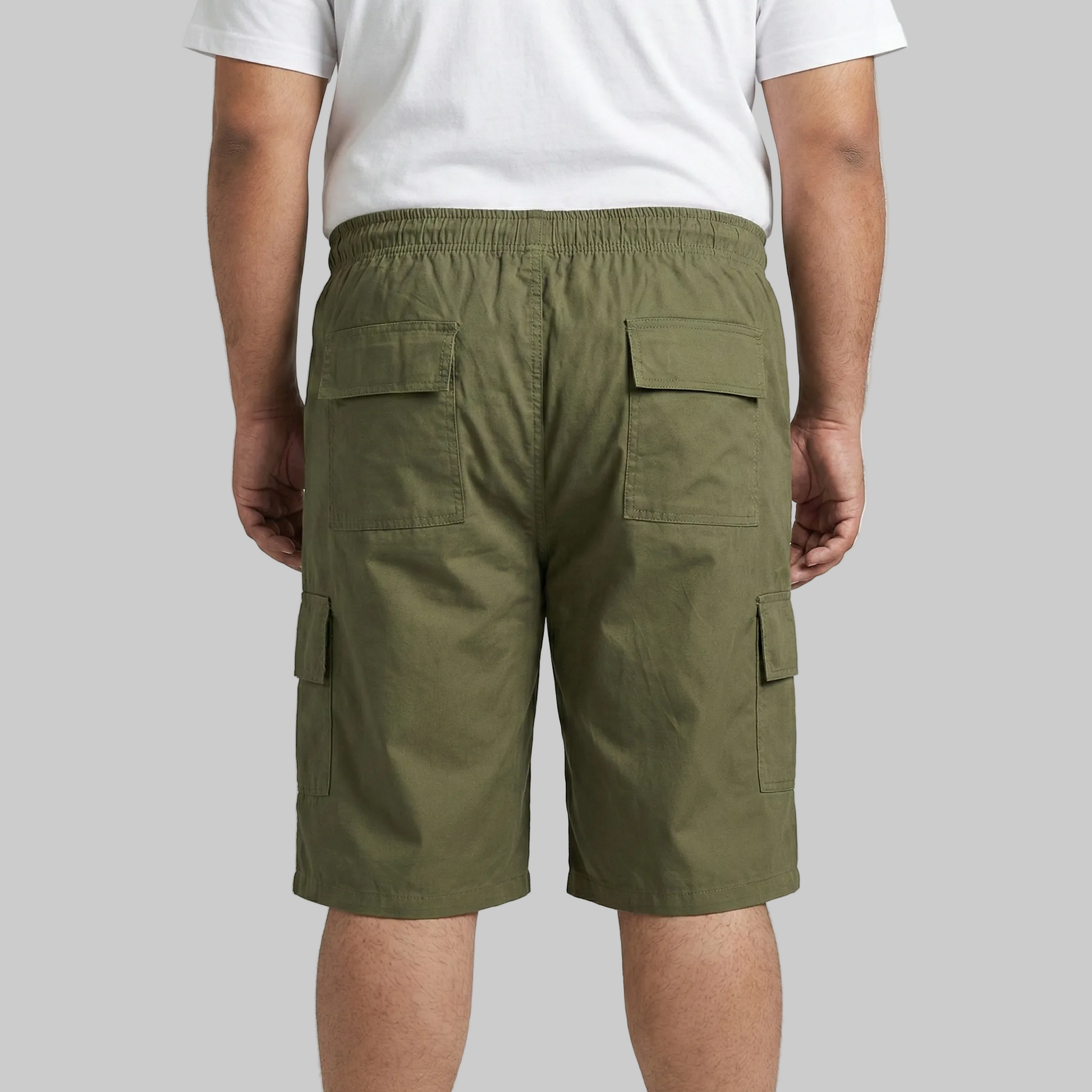 Olive green cotton elastic waist cargo shorts with drawstring and side pockets front view