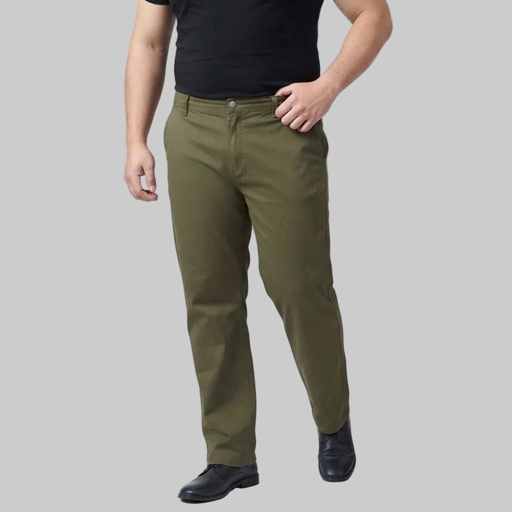 Olive green cotton  pants with multiple pockets and straight-leg fit