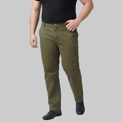 Olive green cotton  pants with multiple pockets and straight-leg fit